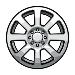 Obraz premium A detailed illustration of a silver alloy wheel with eight spokes and a central hub, viewed from the front, showcasing its sleek design and metallic finish.
