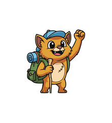 Fototapeta premium Cartoon cat hiker with backpack and walking stick isolated on black