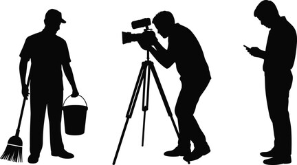 Occupational silhouette vector pack: janitor, cameraman, and mobile phone user in profile, workplace activity icons, editable black vector silhouettes for design projects © Sophia Creatives