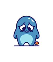 Fototapeta premium Sad cartoon character in blue with tear and tag isolated on black