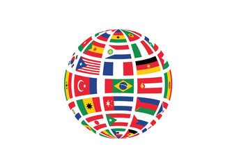 Obraz premium Globe covered in international flags on a white background