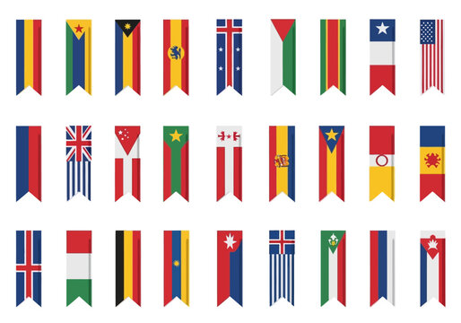 Collection of 32 vertical bannerstyle national flags arranged in four rows