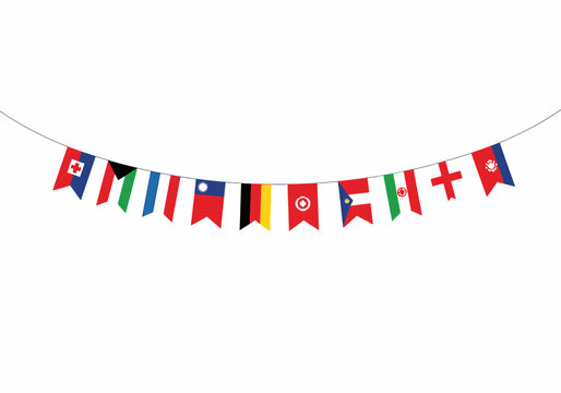 String of diverse national flag bunting against a white background