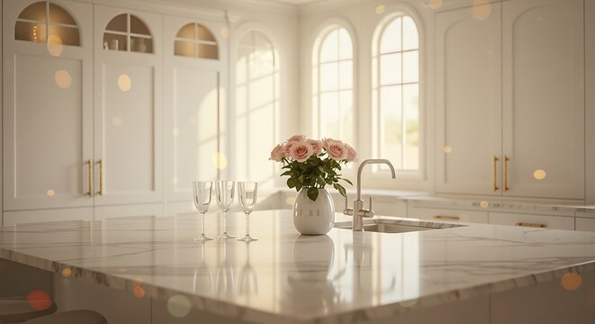 Beautiful modern kitchen interior with marble countertop and pink roses in white vase on table with wine glasses