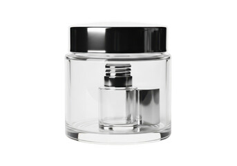 Clear glass jar with black lid isolated on transparent background