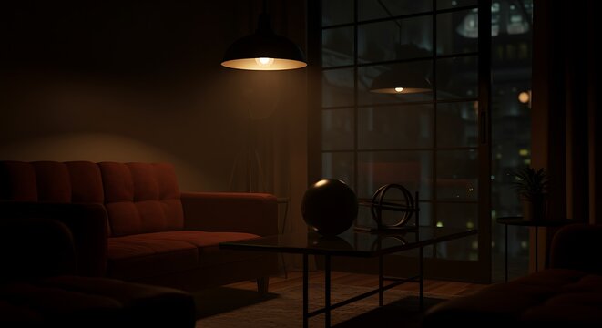 Dimly lit living room with red couch and coffee table and lamp and glass wall at night