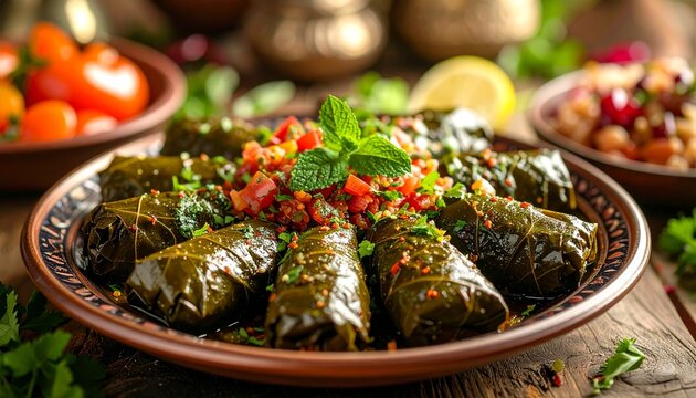 Stuffed Grape Leaves Presentation A Taste of Mediterranean Cuisine And Culture On Rustic Wooden Background.