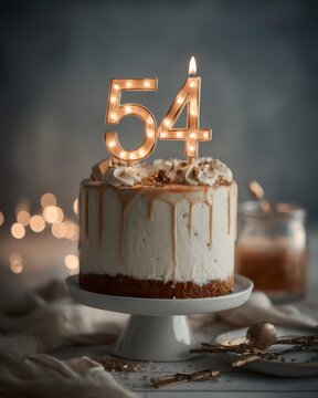 Celebration Cake with Candle for 54th Birthday in Soft Lighting