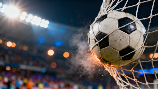 サッカーボールがゴールネットに突き刺さる瞬間