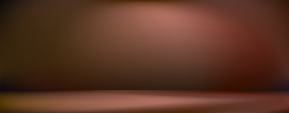 Brown limbo studio bg. Vector empty space spotlight gradient. Dark brown table background. Empty photography room shelf podium. Luxury chocolate color product display bg. Soft light interior setting