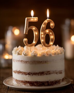 Elegant birthday cake with candles for 56th celebration event