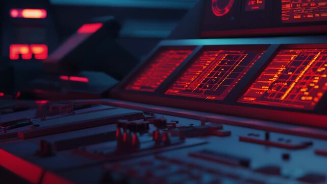 Futuristic control panel inside a spacecraft or advanced facility, displaying multiple glowing red data screens with complex interfaces and various buttons, sliders, and controls
