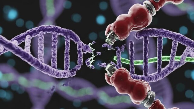 DNA strands with red proteins and glowing green connection
