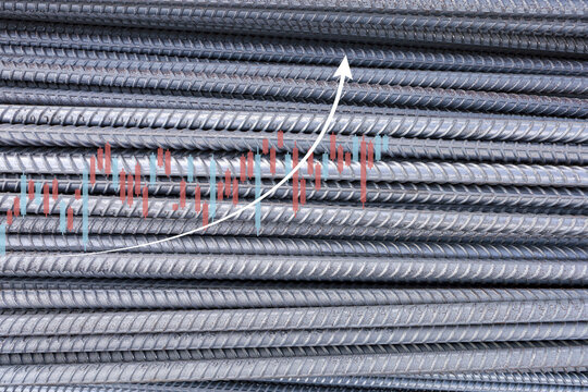 Steel rebar stacked in rows with financial graph overlay, indicating growth in construction industry. image symbolizes economic trends and market analysis in building materials