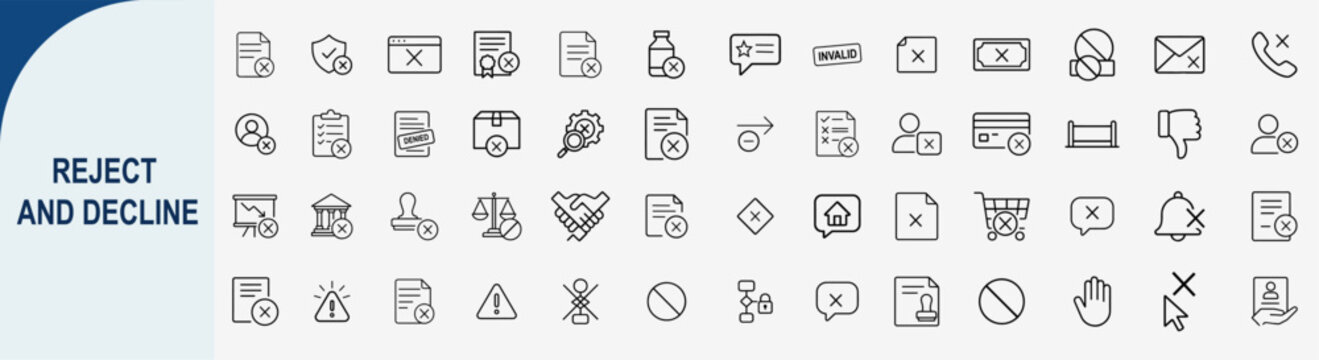 Reject and decline line icons set, outline symbols for denied access invalid document cancelled order and negative feedback vector illustration