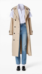 Stylish women&rsquo;s casual outfit featuring a classic beige trench coat layered over a crisp white short-sleeve shirt, paired with light blue straight-leg jeans and black leather loafers, displayed on a m