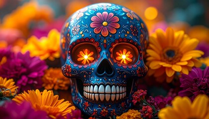 Colorful Sugar Skull with Flowers Vibrant Day of the Dead Celebration Cultural Tradition and Artistic Display.