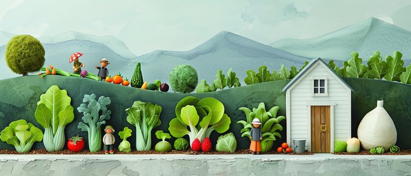 Creative illustration of lush organic vegetable garden with small farmhouse and farmers in scenic countryside landscape.