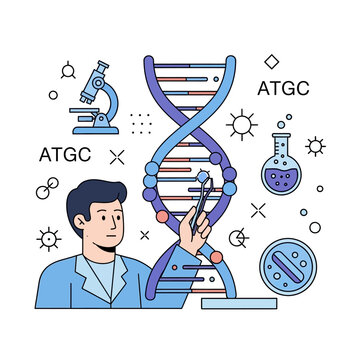 Scientist studying DNA helix with microscope and lab equipment, genetic research concept