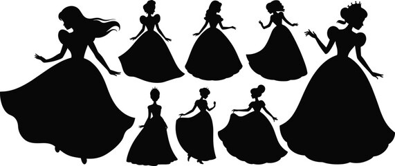 Group of silhouetted princesses in elegant gowns on white background Keywords: princess, silhouette, woman, girl, female © MdRobiul