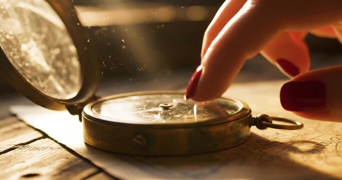 Close-up of a woman's finger gently touching a vintage compass on an old map, illuminated by sunlight