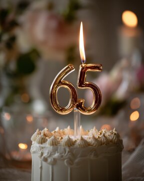 Golden Candle 65 on Creamy Birthday Cake Surrounded by Flowers