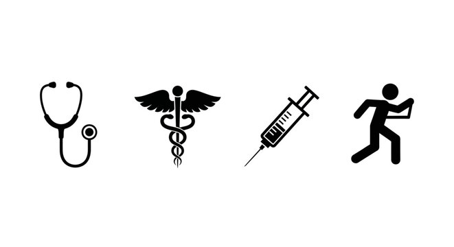 Medical symbols including a stethoscope caduceus syringe and running person