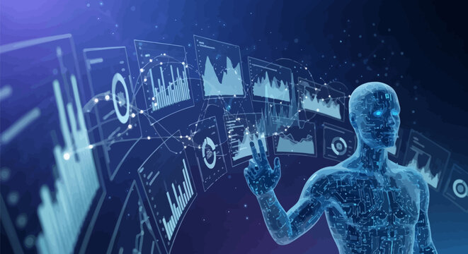 Humanoid robot interacts with futuristic data screens