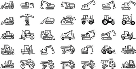 Construction machinery icon set featuring excavators bulldozers loaders cranes dump trucks forklifts heavy equipment outline vector illustration collection for industrial engineering projects © Creative Mind
