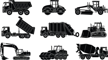 Construction vehicles silhouettes, dump truck, road roller, motor grader, garbage truck, bulldozer, excavator, cement mixer, heavy machinery icons, industrial equipment illustration © Creative Mind