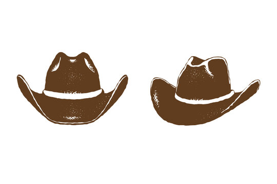 Vintage cowboy hat vector illustration set, two hand-drawn western hats in silhouette textured vintage ink details style, classic ranch, rodeo, and Wild West aesthetics logo design template