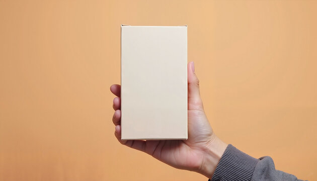 Hand holding empty box against orange background  

