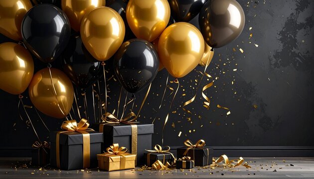 Elegant Celebration with Black and Gold Balloons and Gifts for a Special Occasion or Event.