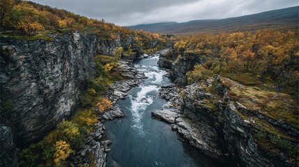 River canyon landscape, moody aerial view over wilderness scenery in Abisko National Park, Sweden, outdoor travel nature background