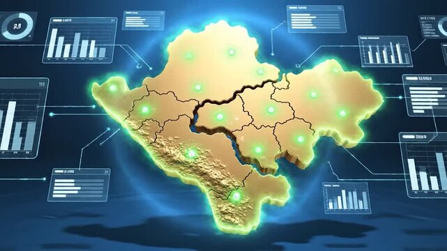 Golden 3D map of Kosovo with a prominent crack symbolizing division