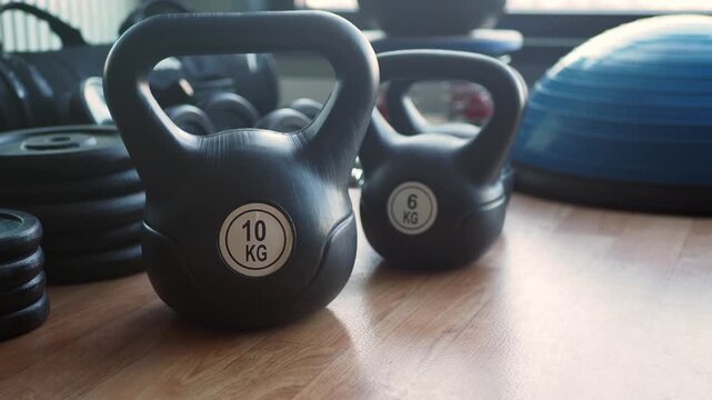 Close up cinematic shot of two heavy black kettlebells in a gym setting, showing 10 kg and 6 kg weights, with other exercise equipment and natural light in the background