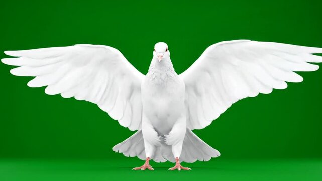White pigeon flapping wings on green screen background