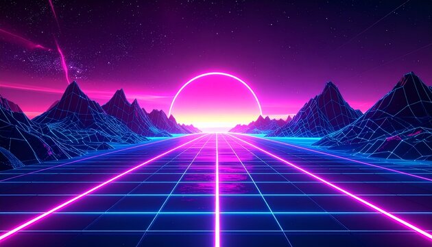 Retro Wave Landscape with Neon Grid and Mountains for Synthwave or Vaporwave Backgrounds Synth Pop Art.
