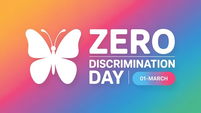 Zero discrimination day March 1st symbol bright gradient background with white butterfly and text awareness equality
