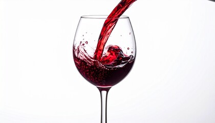 Red Wine Pour in Glass Creates Splash Liquid Motion on White Background Dramatic Wine Art.