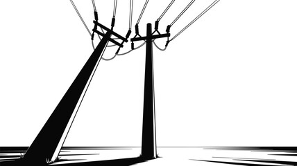 Silhouette of two leaning and upright power poles with wires on white background Keywords: power pole, electricity, utility pole © MdRobiul