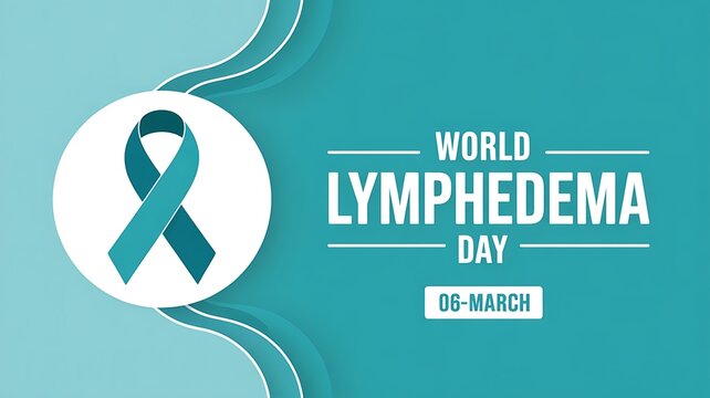 World lymphedema day graphic design with teal awareness ribbon and white circular background element set against a soft turquoise gradient backdrop for March sixth medical promotion