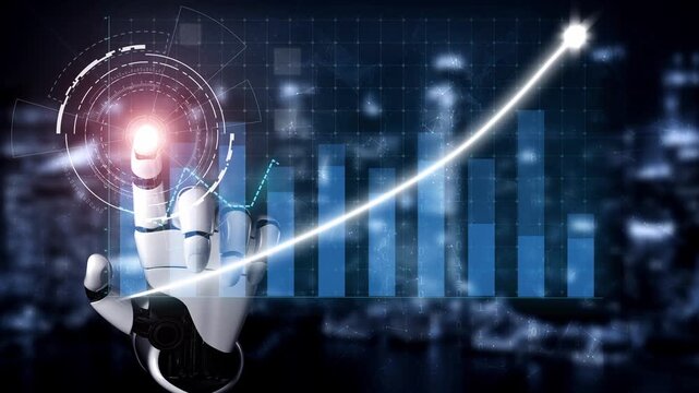 A futuristic robotic hand reaching toward growth data visualizations, symbolizing the advancement of technology and artificial intelligence in analytics and business growth. Copula