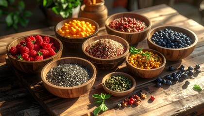 Fototapeta premium Assorted superfoods in wooden bowls on rustic background natural wellness and healthy eating concept organic lifestyle.