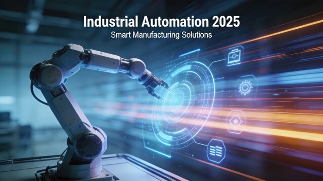 Industrial automation 2025 smart manufacturing concept,robotic arm interacting with futuristic interface,high speed production line and advanced factory technology innovation