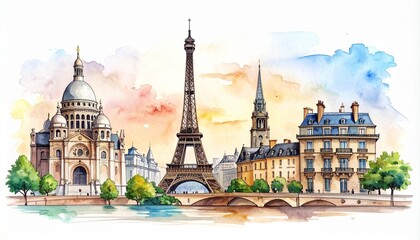 Fototapeta premium Artistic Watercolor Illustration of Paris Skyline with Eiffel Tower and Basilique du Sacre Coeur.