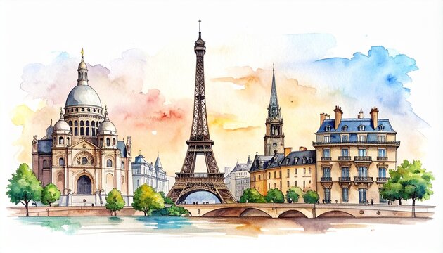 Artistic Watercolor Illustration of Paris Skyline with Eiffel Tower and Basilique du Sacre Coeur.