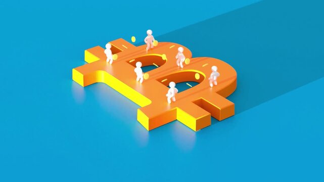 3D isometric Bitcoin symbol with miniature people working and gold coins circulating for cryptocurrency concepts.
