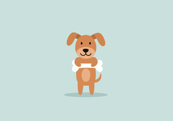 Obraz premium Cartoon brown dog standing holding a white bone against a pale blue background