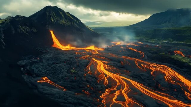 Molten lava flowing from volcano mountains landscape nature environment